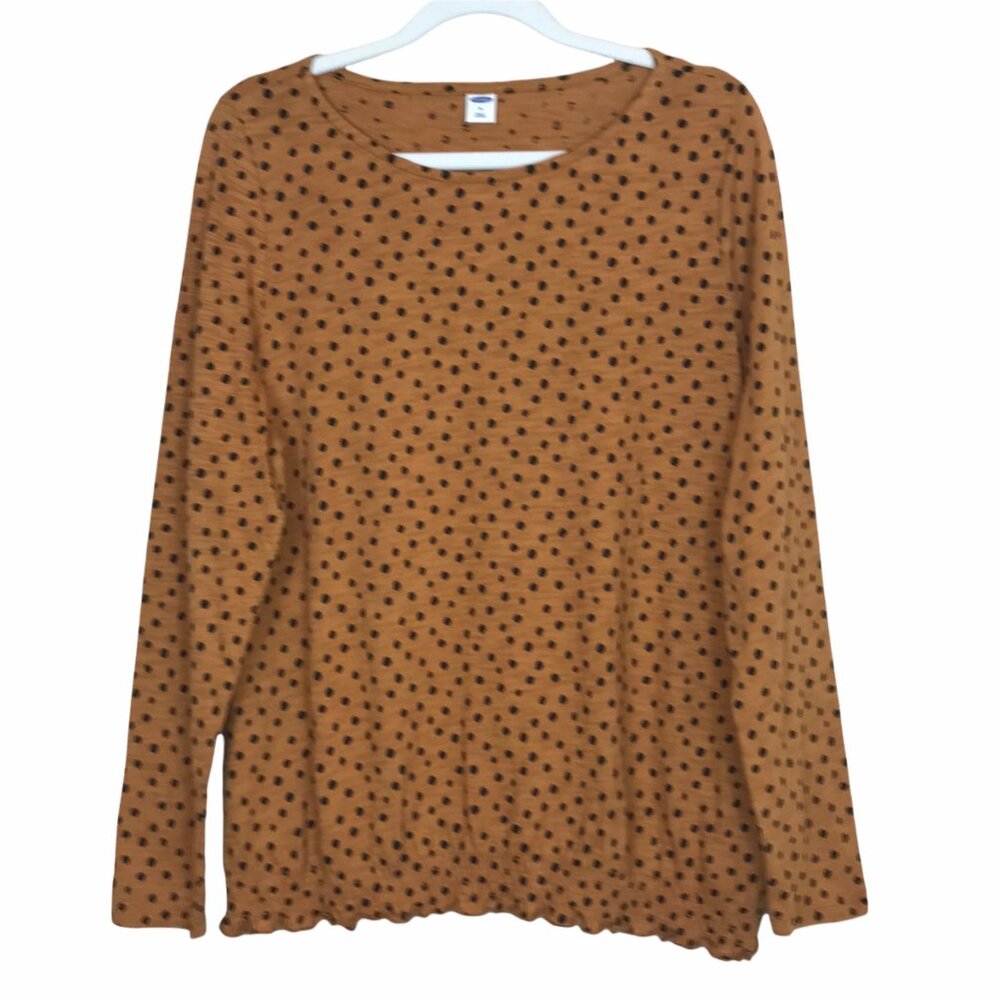 Old‎ Navy Long Sleeve Lettuce Hem Top Gold Black Polka Dot Medium